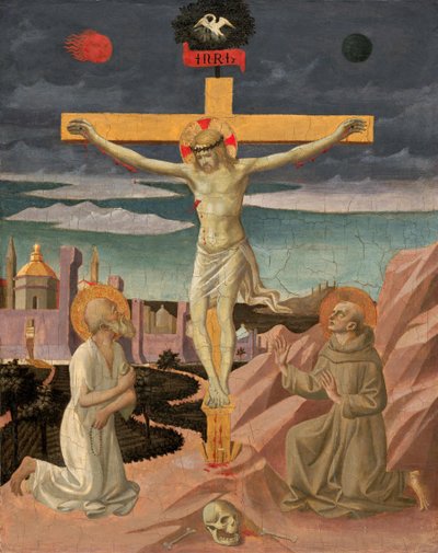 Christus aan het kruis, aanbeden door Sint-Hieronymus en Sint-Franciscus door Francesco Pesellino